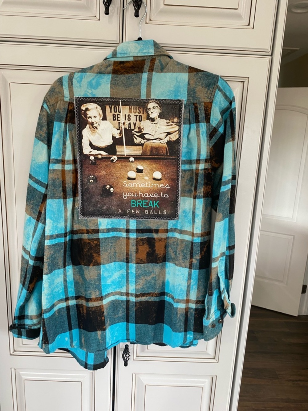 Plaid Button-Down Shirt Jacket in Turquoise & Brown with Graphic Back